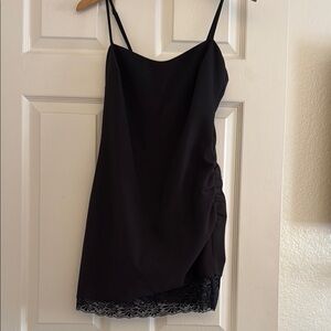 Likely Chic Black Slip Dress with Lace Hem